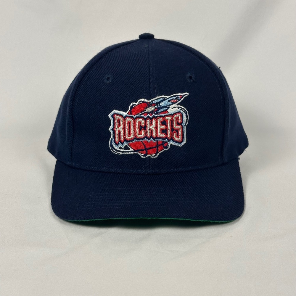 Vintage 90s Houston Rockets Snapback Hat Navy Rocket Green Underbill NBA Cap - Picture 2 of 11